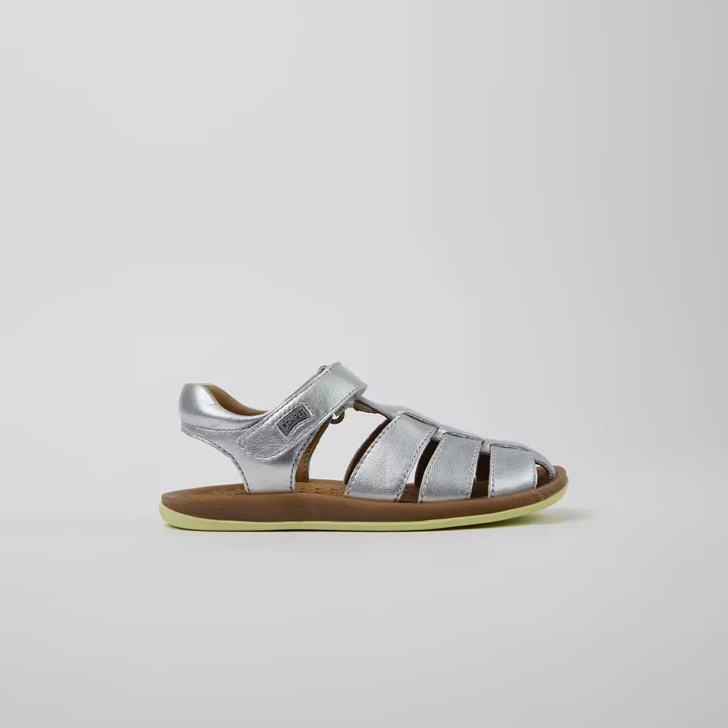 Camper: Bicho Leather Velcro Sandals Rebound - Silver