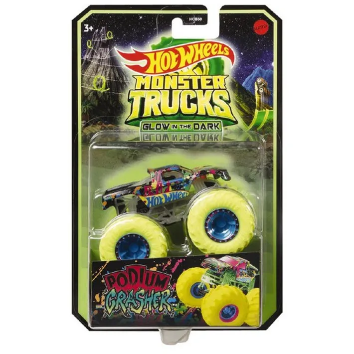 Hot Wheels 1:64 Glow In The Dark Monster Trucks Podium Crasher Black With Green Wheels