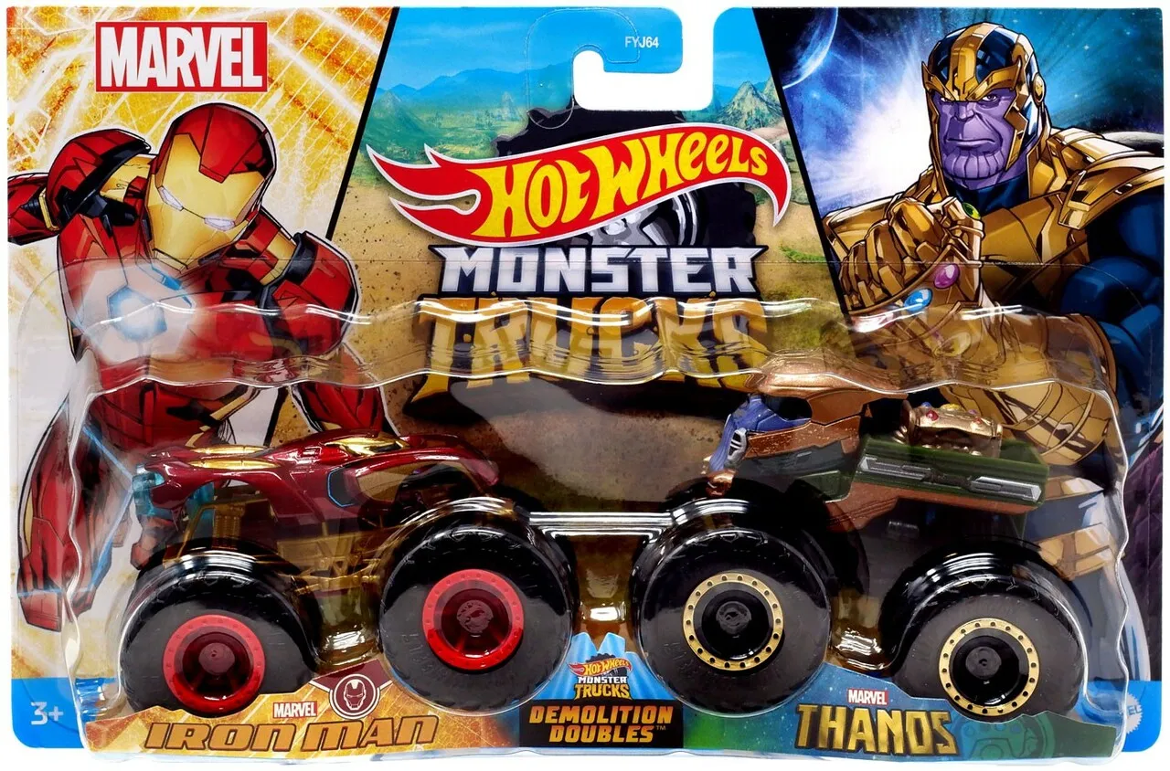 Hot Wheels 1:64 Monster Trucks Demolition Doubles Marvel Iron Man Vs Marvel Thanos