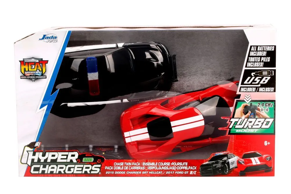 Jada Hyper Chargers Remote Control 2015 Dodge Charger Srt Hellcat/2017 Ford GT Chase Twin Pack