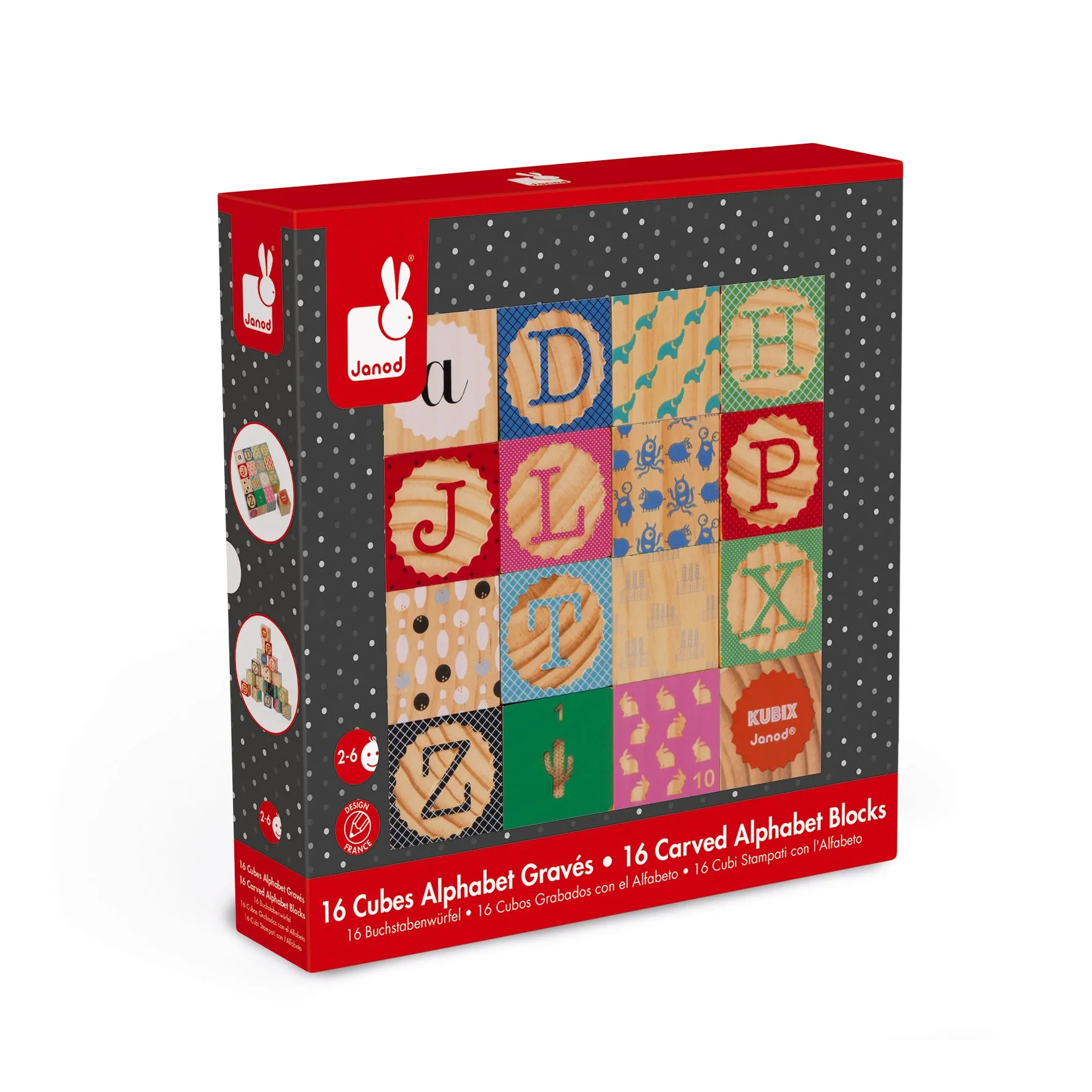Janod Kubix 16 Carved Alphabet Blocks