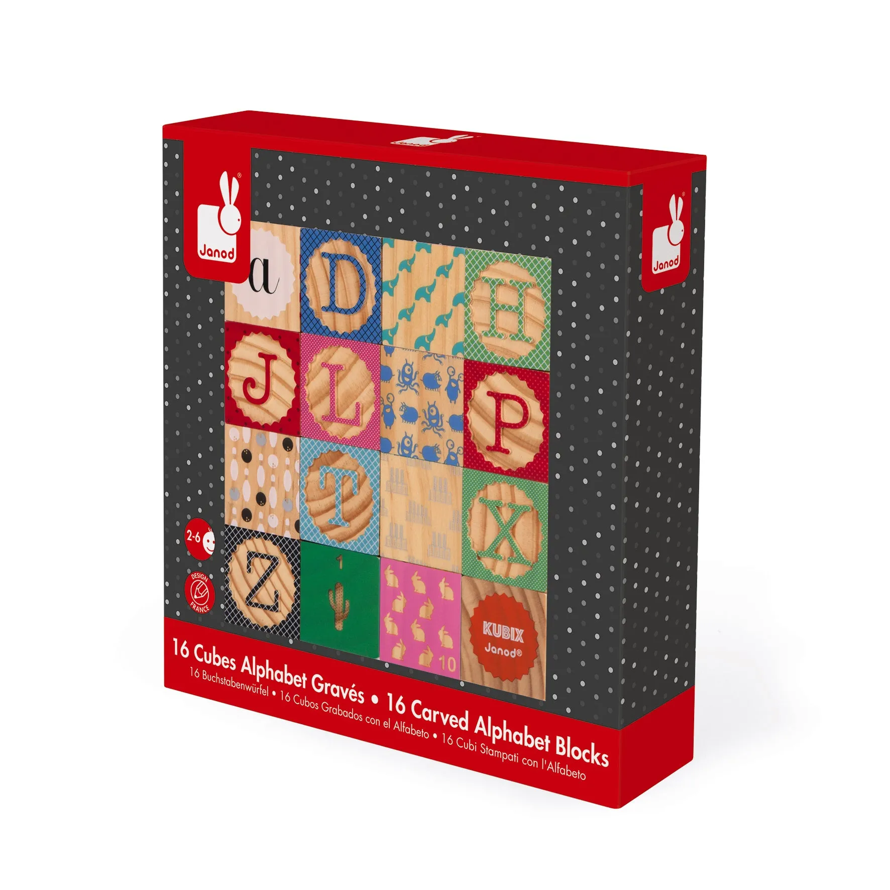 Janod Kubix 16 Carved Alphabet Blocks