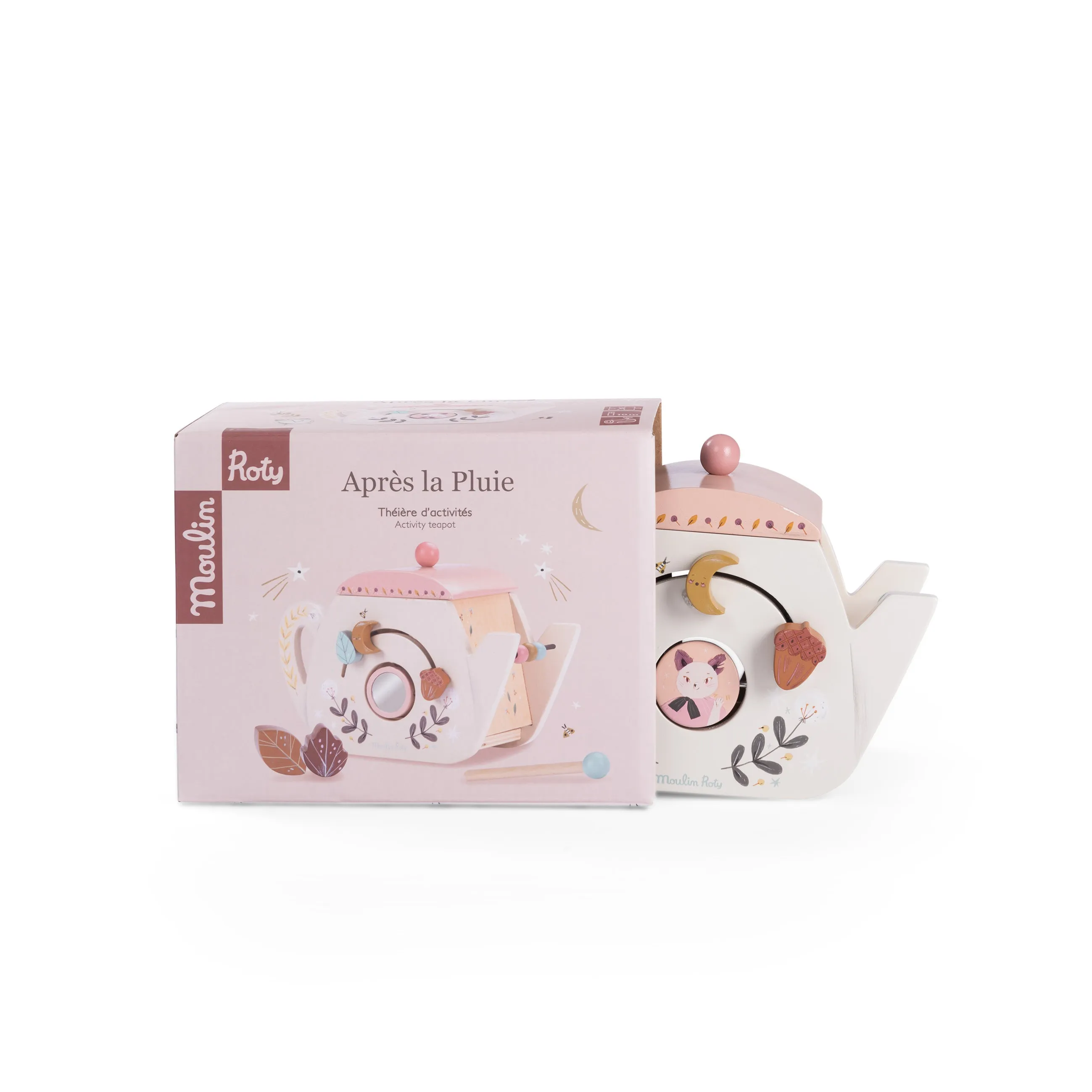 Moulin Roty Apres La Pluie Wooden Activity Teapot with 6 Activities Wooden Toy