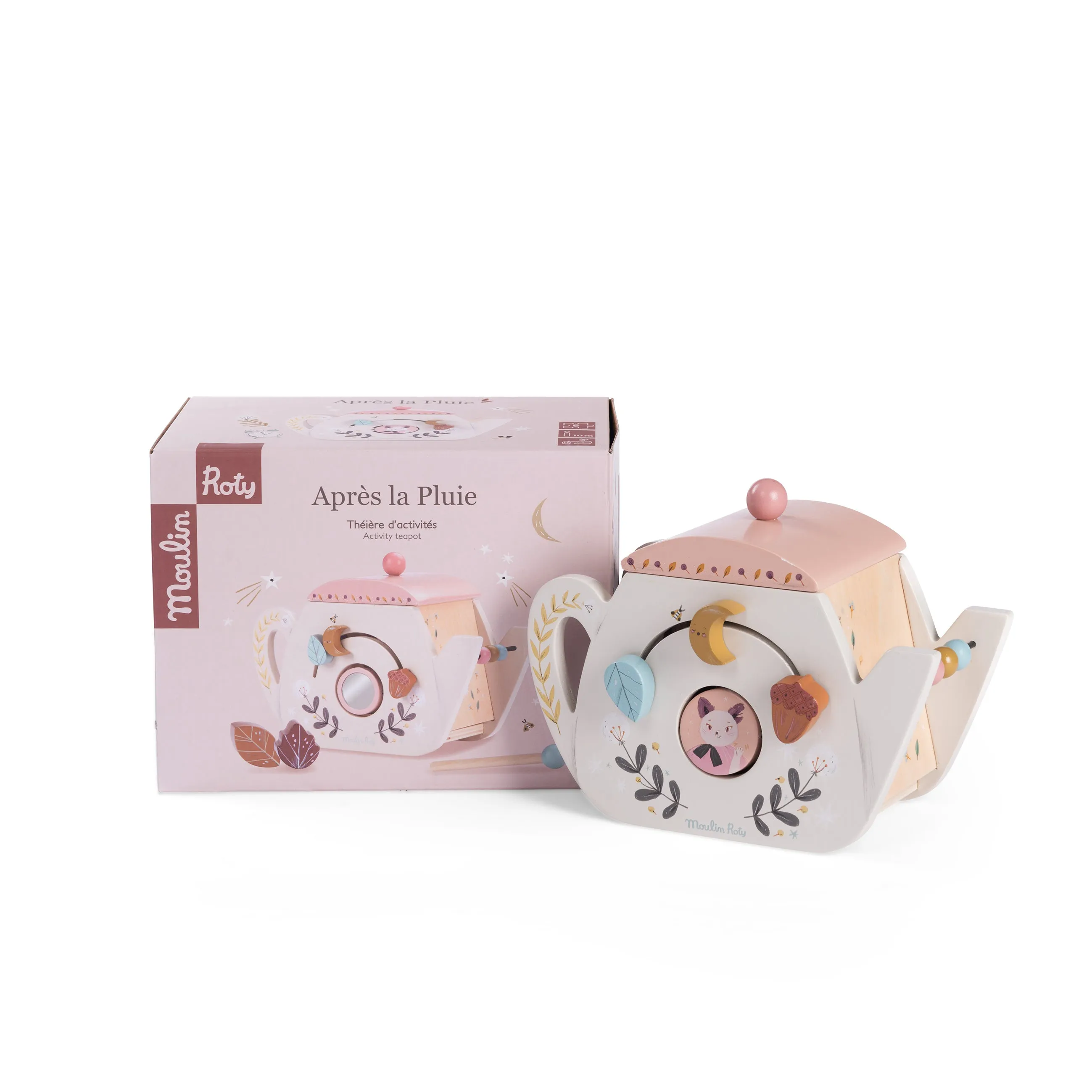 Moulin Roty Apres La Pluie Wooden Activity Teapot with 6 Activities Wooden Toy